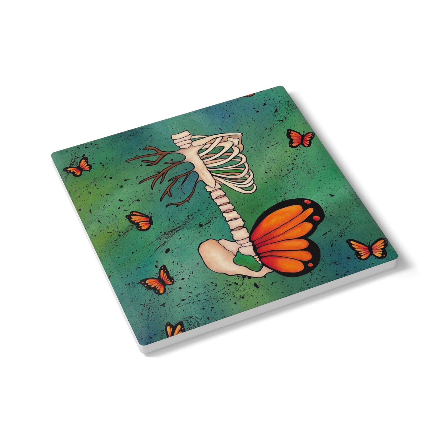 Skeleton & Monarch Butterfly Ceramic Coaster — Gothic Nature Drink Coaster