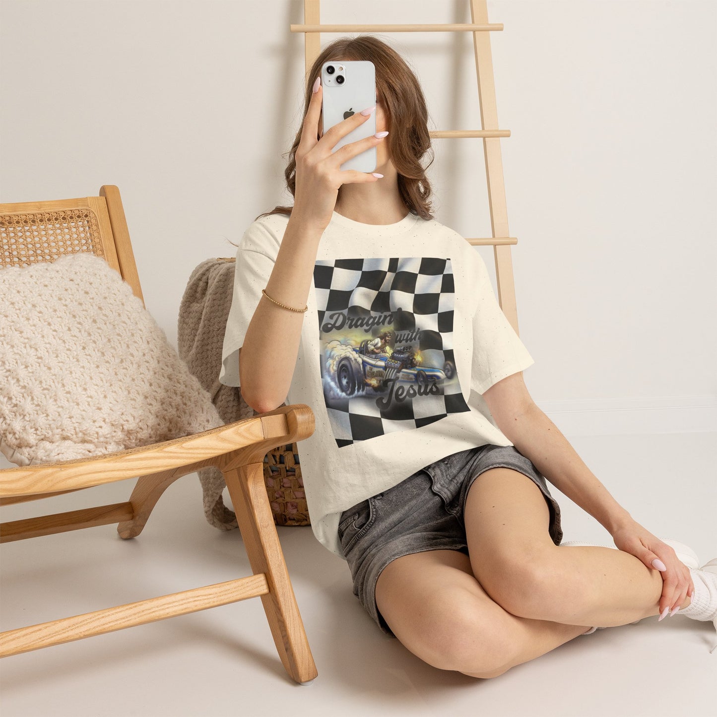 Racing Faith Tee – "Draggin' for Jesus" Checkered Flag Racing T-Shirt