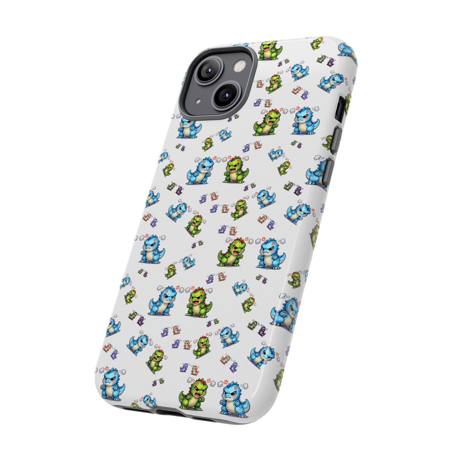 Cute Dino Pattern Phone Case — Cartoon Green & Blue Dino Tough Case, Protective iPhone Cover