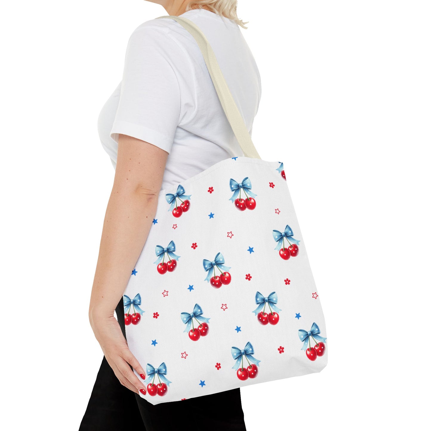 Cherry Bow Tote Bag — Cute Red Cherries with Blue Bows Patterned Shopper
