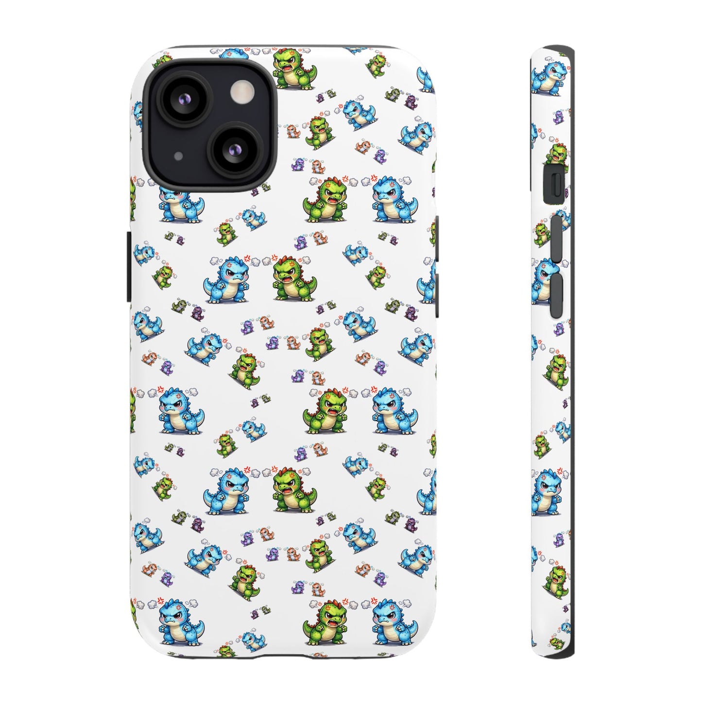 Cute Dino Pattern Phone Case — Cartoon Green & Blue Dino Tough Case, Protective iPhone Cover