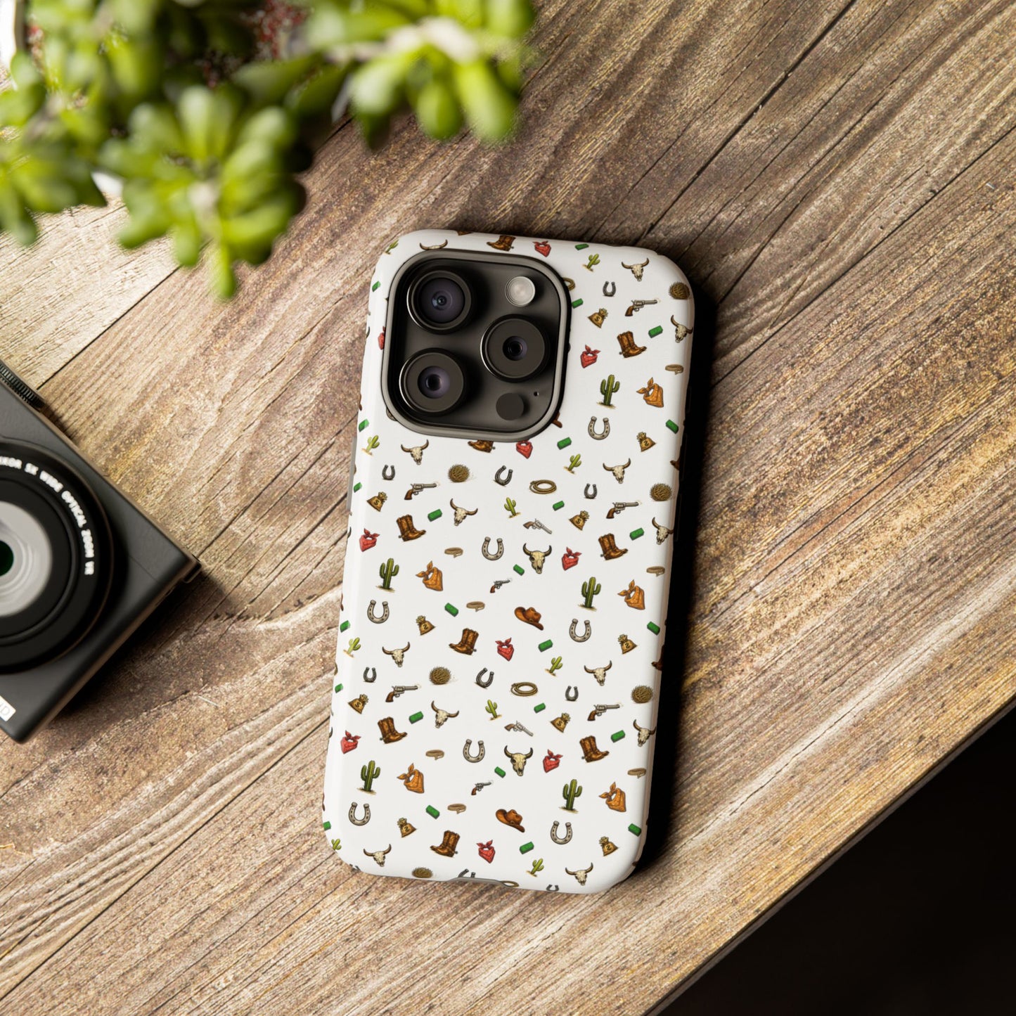 Western Cowboy Pattern Phone Case — Rodeo Hat, Horseshoe & Cactus Tough Case
