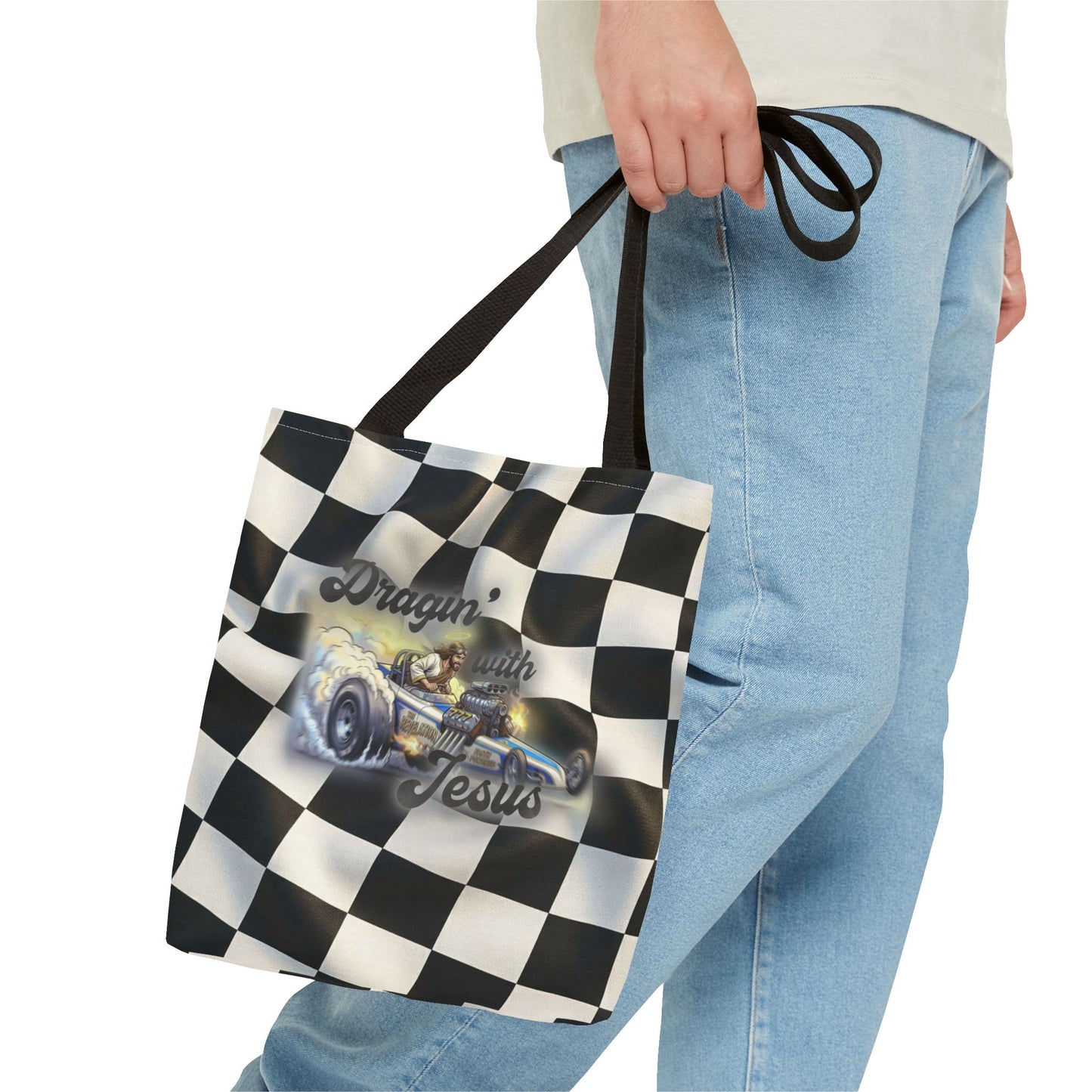 Dragin' Jesus Racing Tote Bag — Checkered Flag Vintage Hot Rod Tote