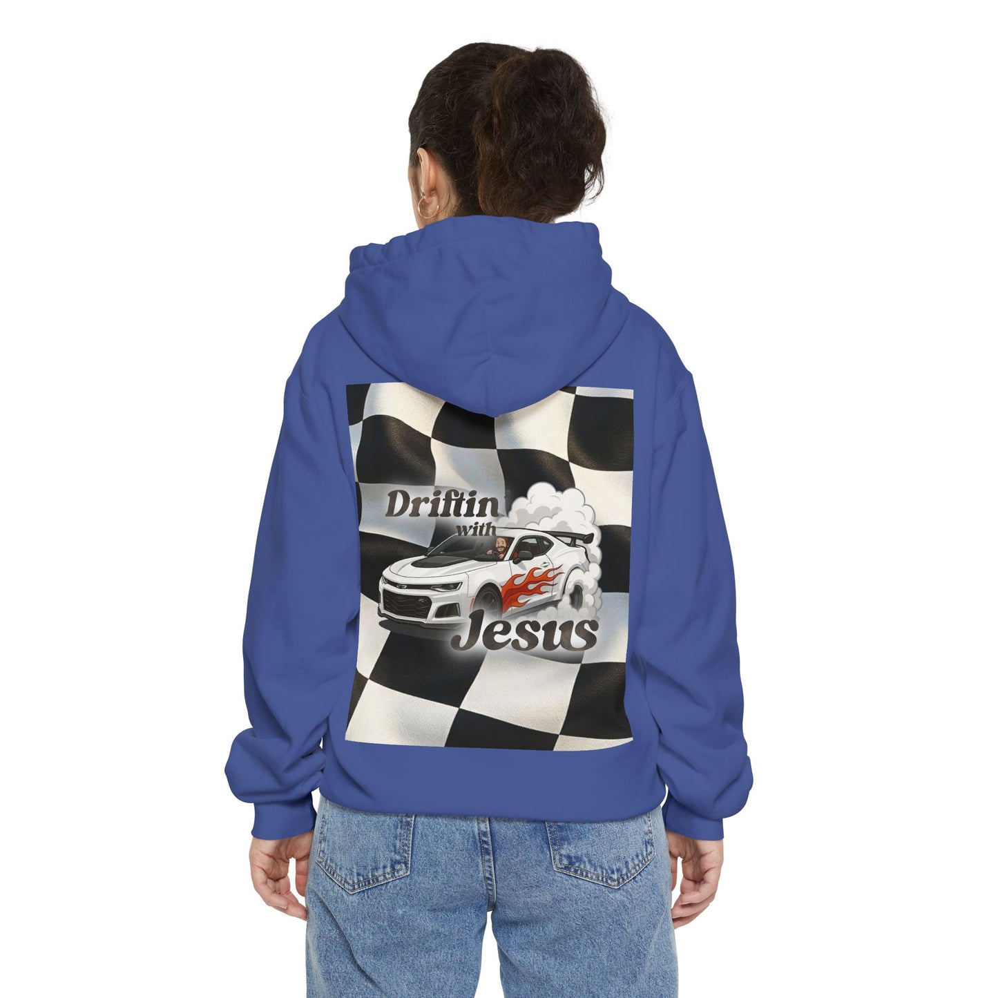 Classic Car Hoodie — Small Chest Graphic “drifting with jesus" Pullover