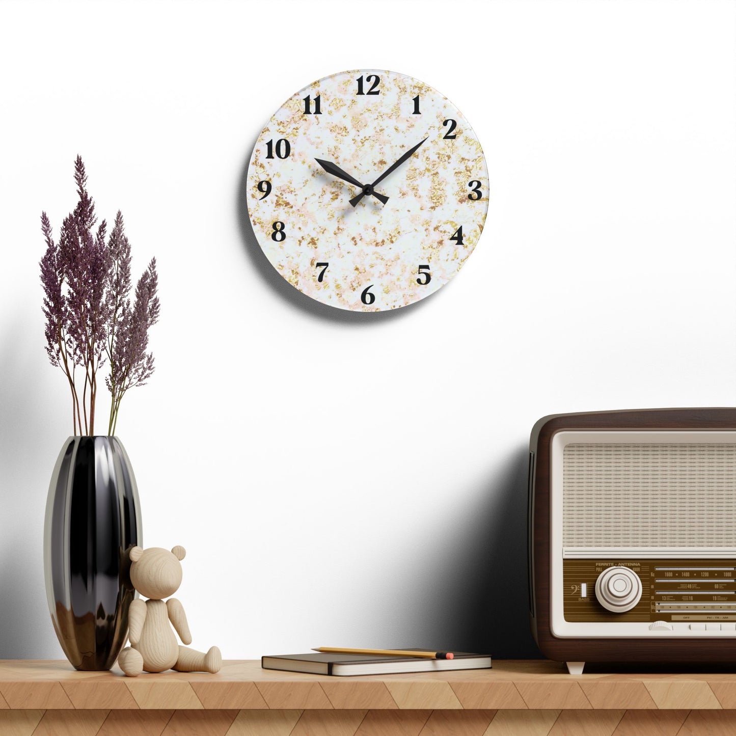 Marble Accent Acrylic Wall Clock — Elegant Gold Fleck Home Decor