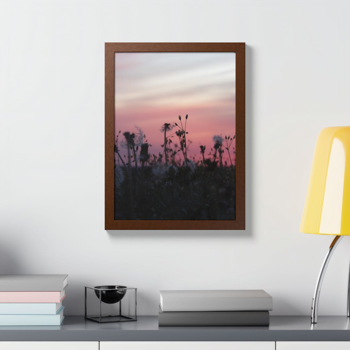 Sunset Meadow Framed Poster — Pink Sky Wildflower Wall Art