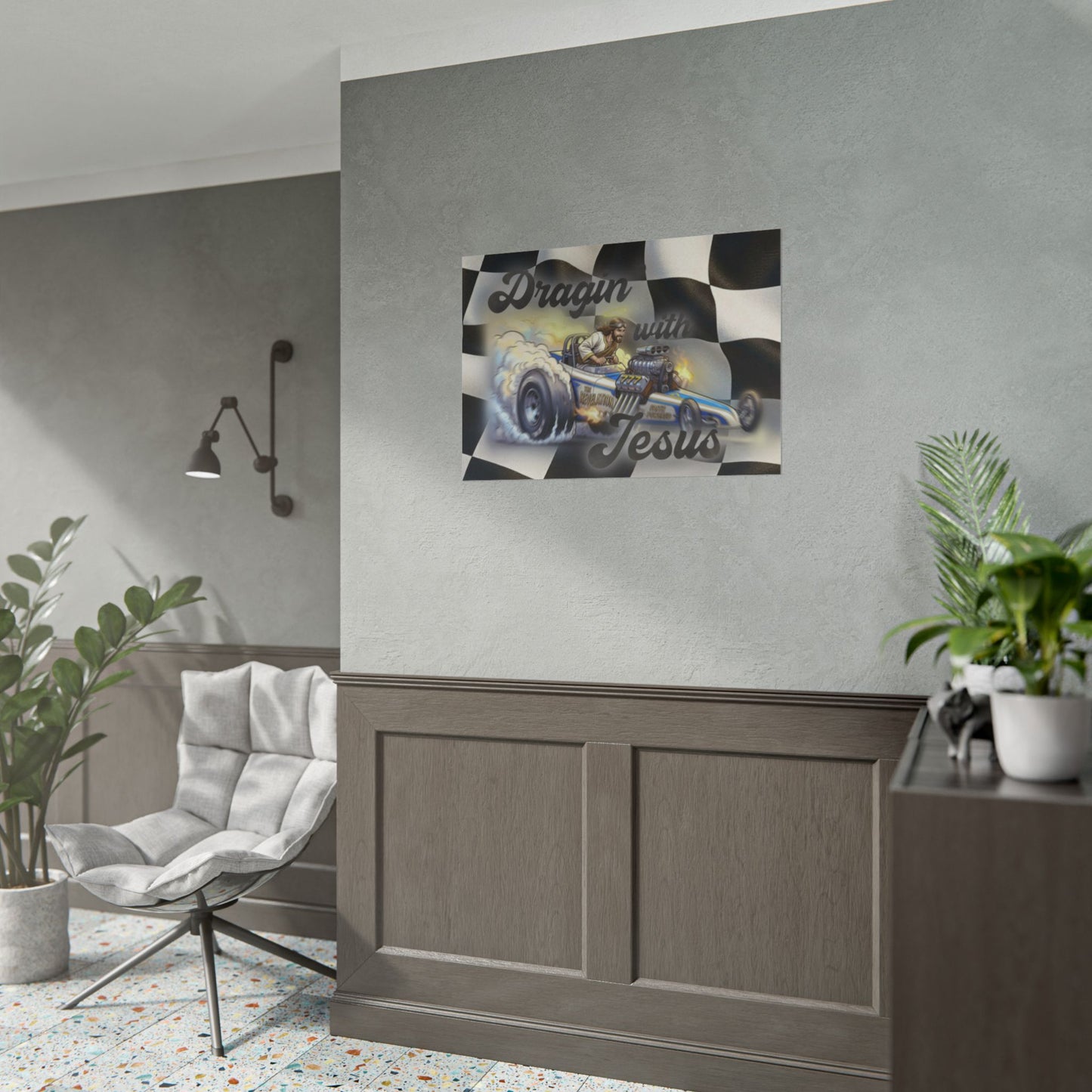 Dragin' With Jesus Dragster Poster — Checkered Flag Racing Wall Art