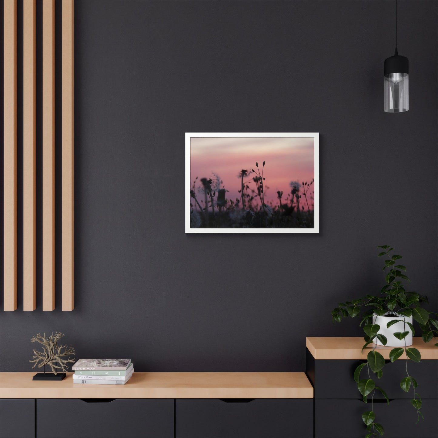 Sunset Meadow Framed Poster — Pink Sky Wildflower Wall Art