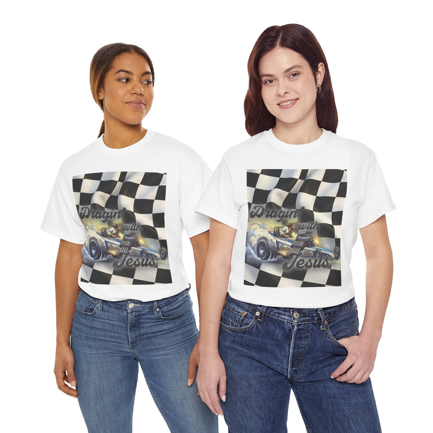 Racing Faith Tee – "Draggin' for Jesus" Checkered Flag Racing T-Shirt