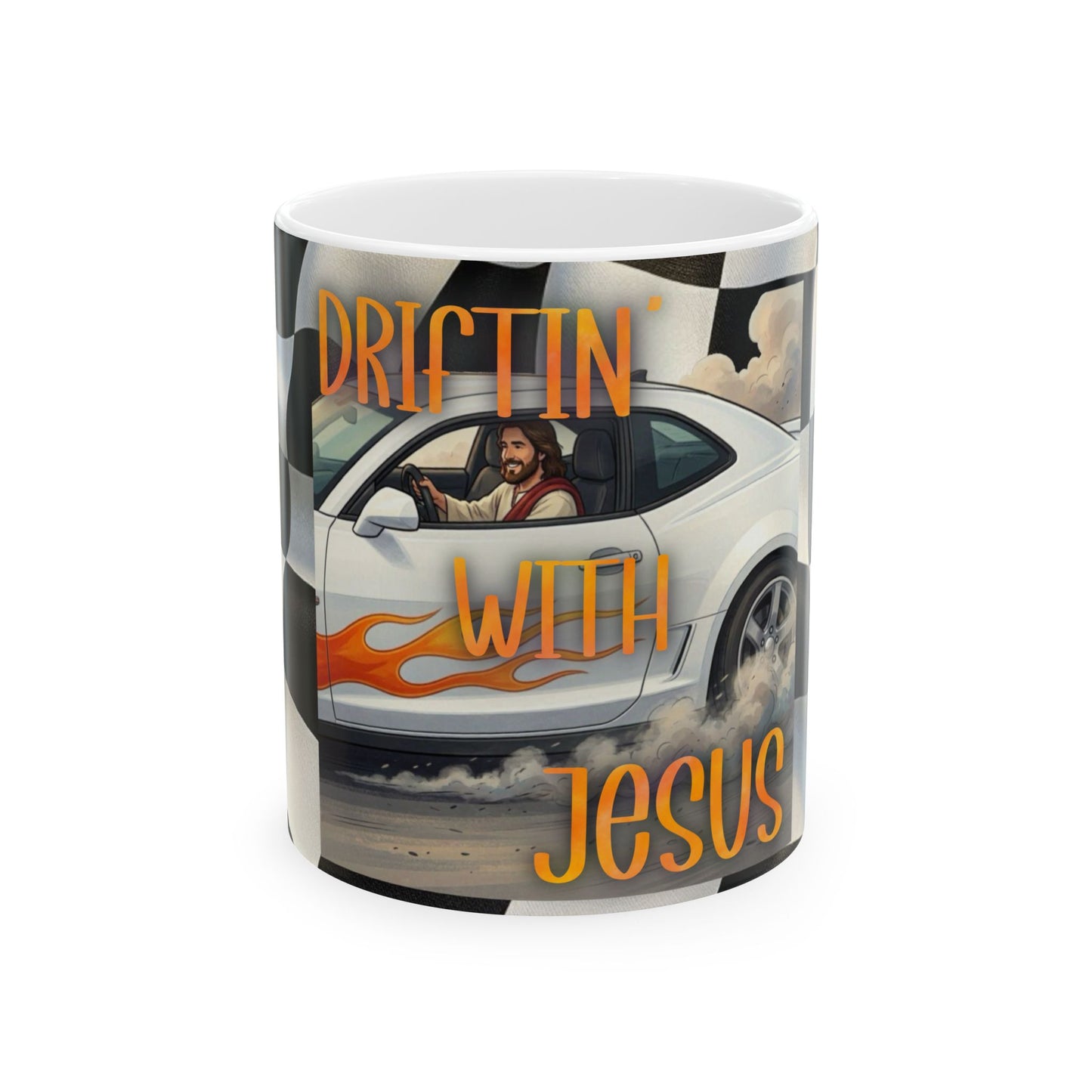 Driftin' With Jesus Ceramic Mug — Christian Racing Coffee Cup (11oz, 15oz)