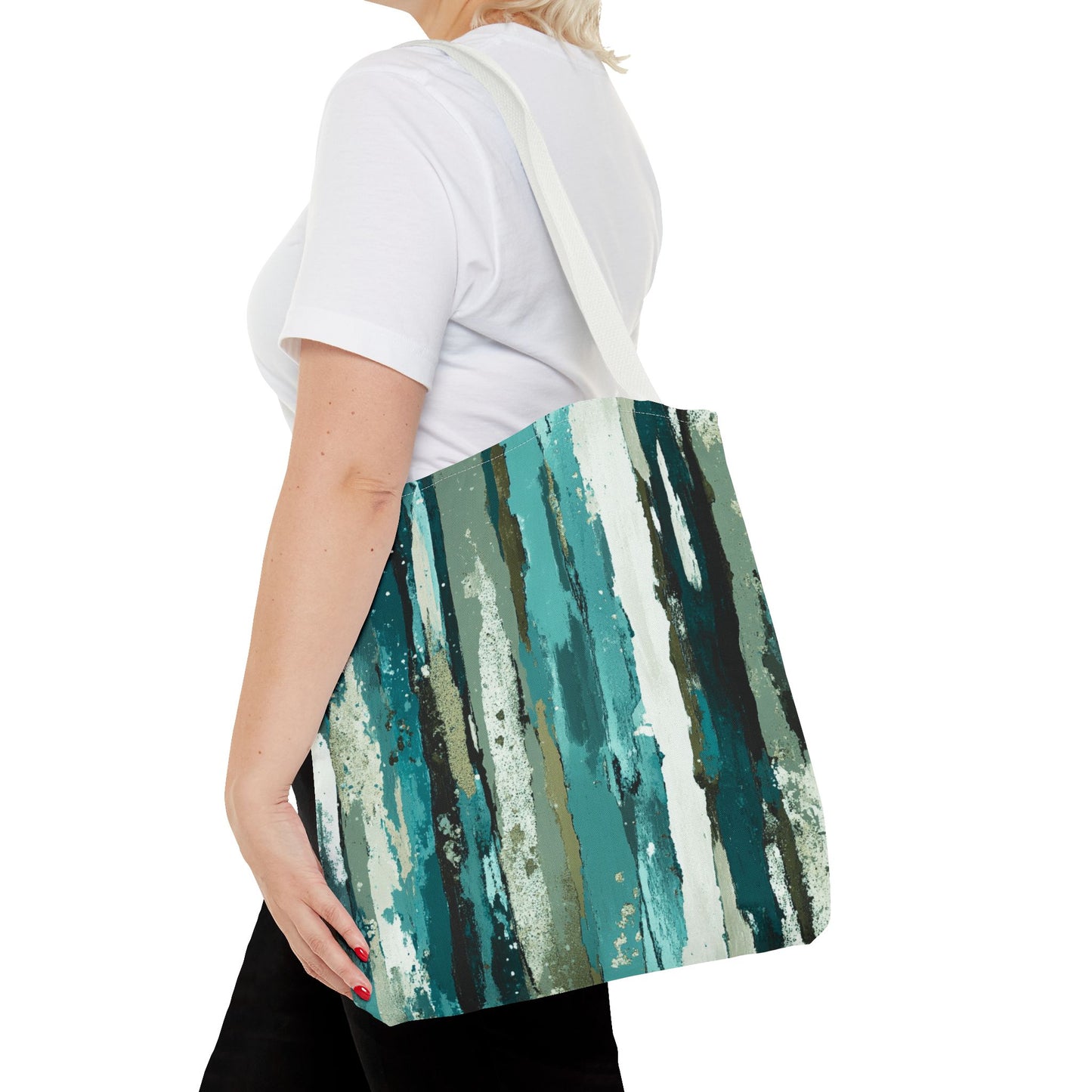 Abstract Teal Stripes Tote Bag — Vertical Brushstroke Pattern
