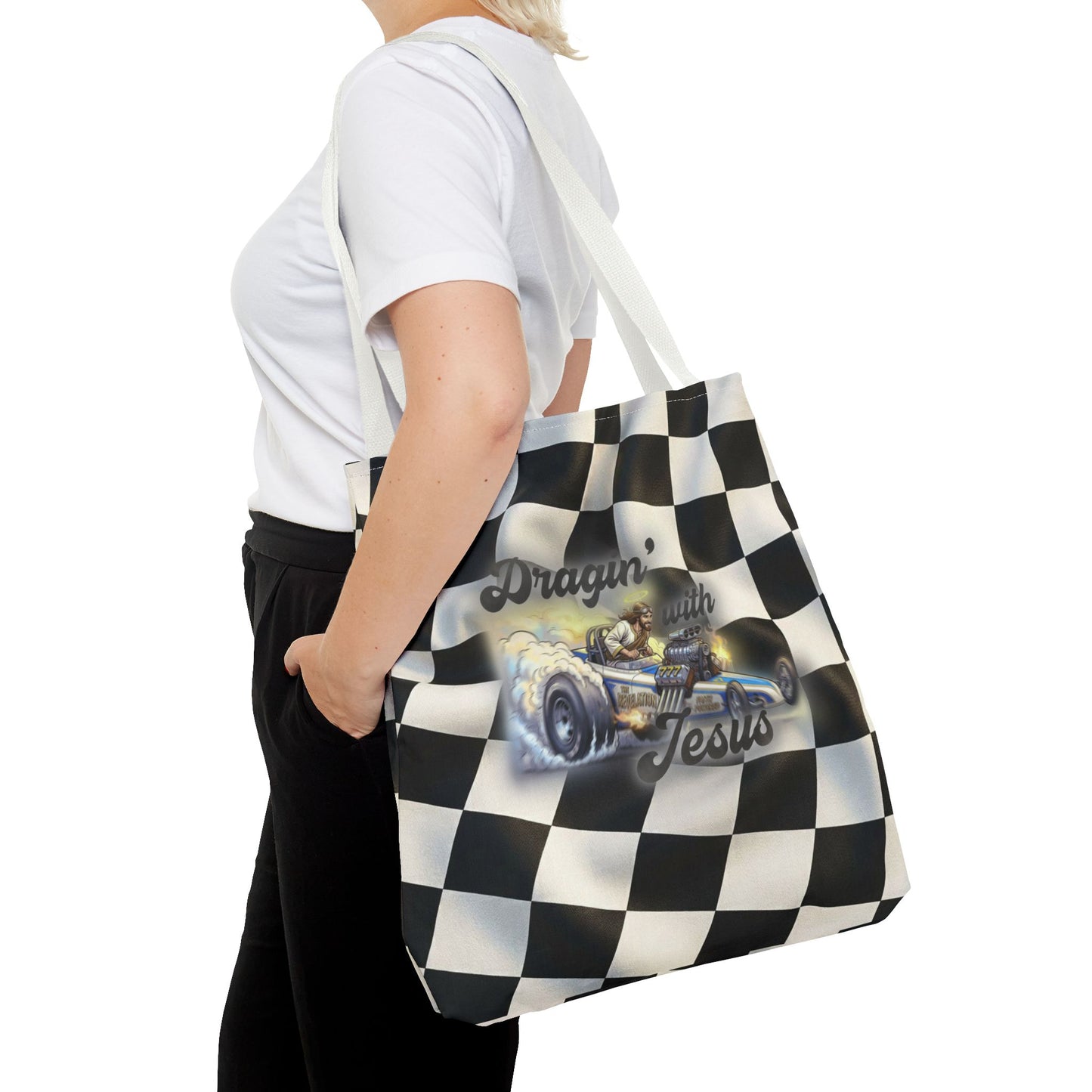 Dragin' Jesus Racing Tote Bag — Checkered Flag Vintage Hot Rod Tote