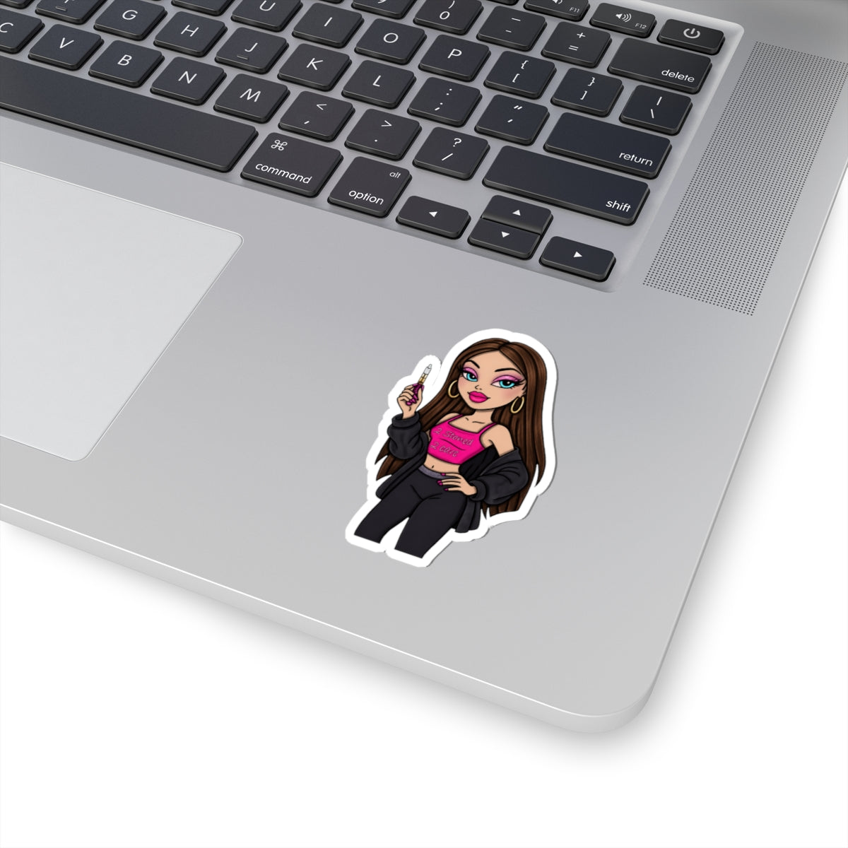 Chic Vaper Girl Kiss-Cut Sticker — Pink Crop Top Laptop Decal