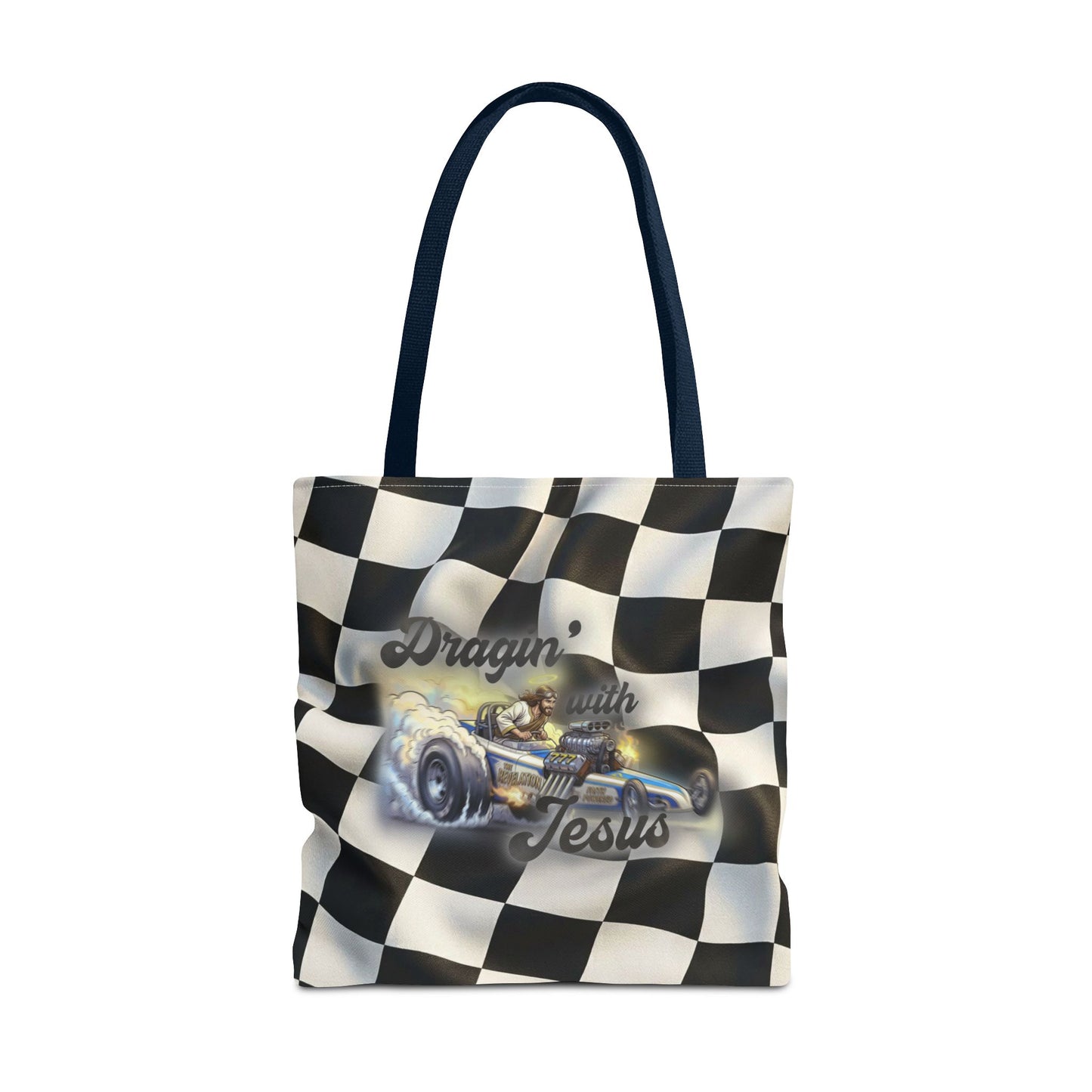 Dragin' Jesus Racing Tote Bag — Checkered Flag Vintage Hot Rod Tote