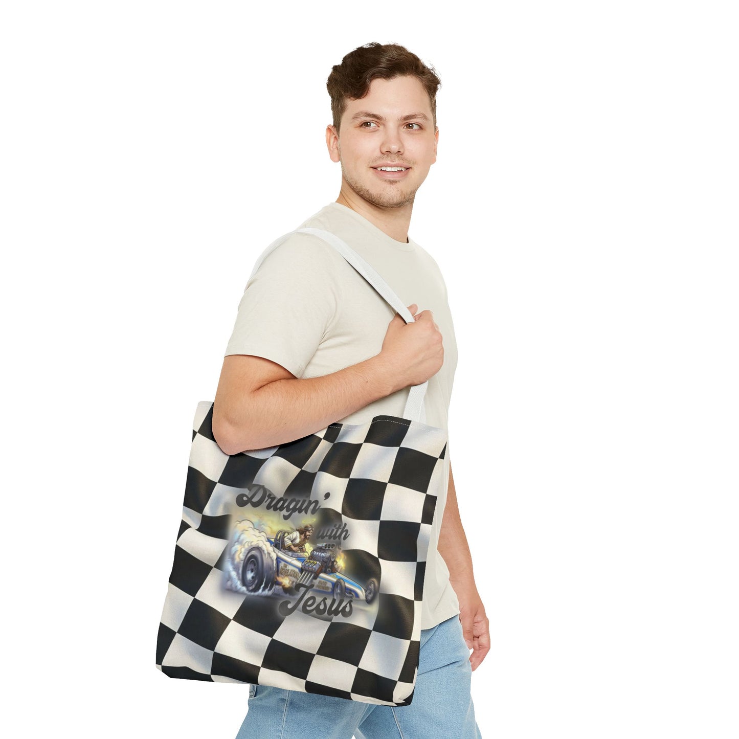 Dragin' Jesus Racing Tote Bag — Checkered Flag Vintage Hot Rod Tote