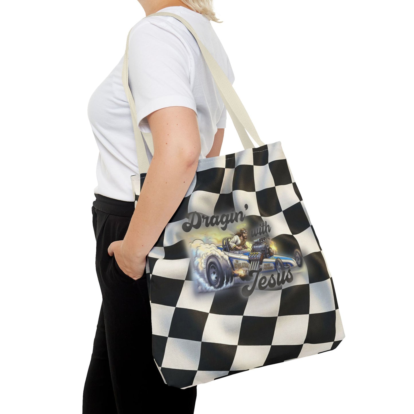 Dragin' Jesus Racing Tote Bag — Checkered Flag Vintage Hot Rod Tote