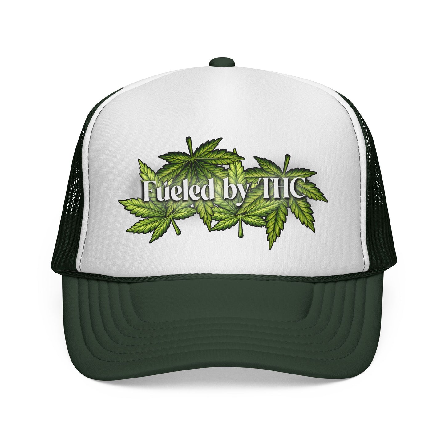 Trucker Cap — "Fueled by THC" Leaf Graphic Mesh Hat