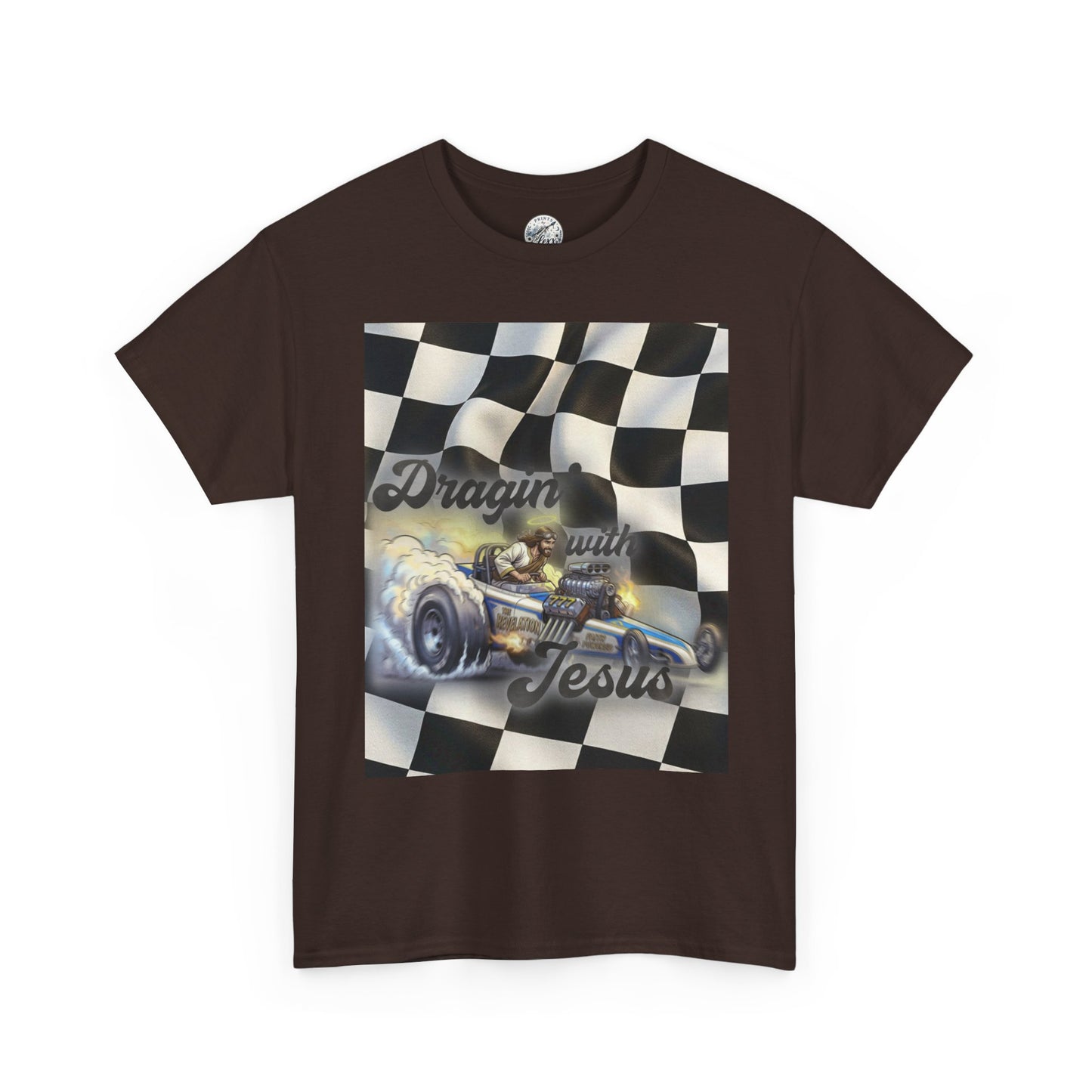 Racing Faith Tee – "Draggin' for Jesus" Checkered Flag Racing T-Shirt