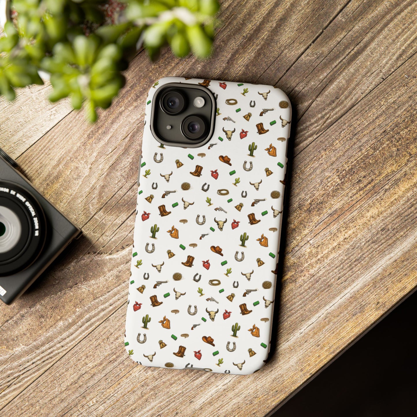 Western Cowboy Pattern Phone Case — Rodeo Hat, Horseshoe & Cactus Tough Case