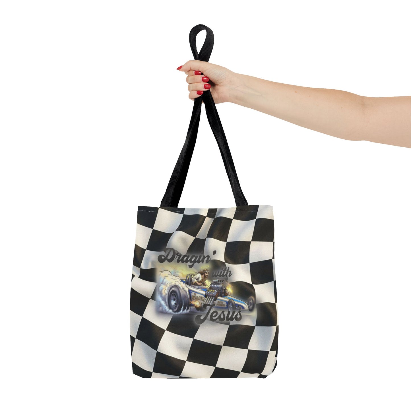 Dragin' Jesus Racing Tote Bag — Checkered Flag Vintage Hot Rod Tote