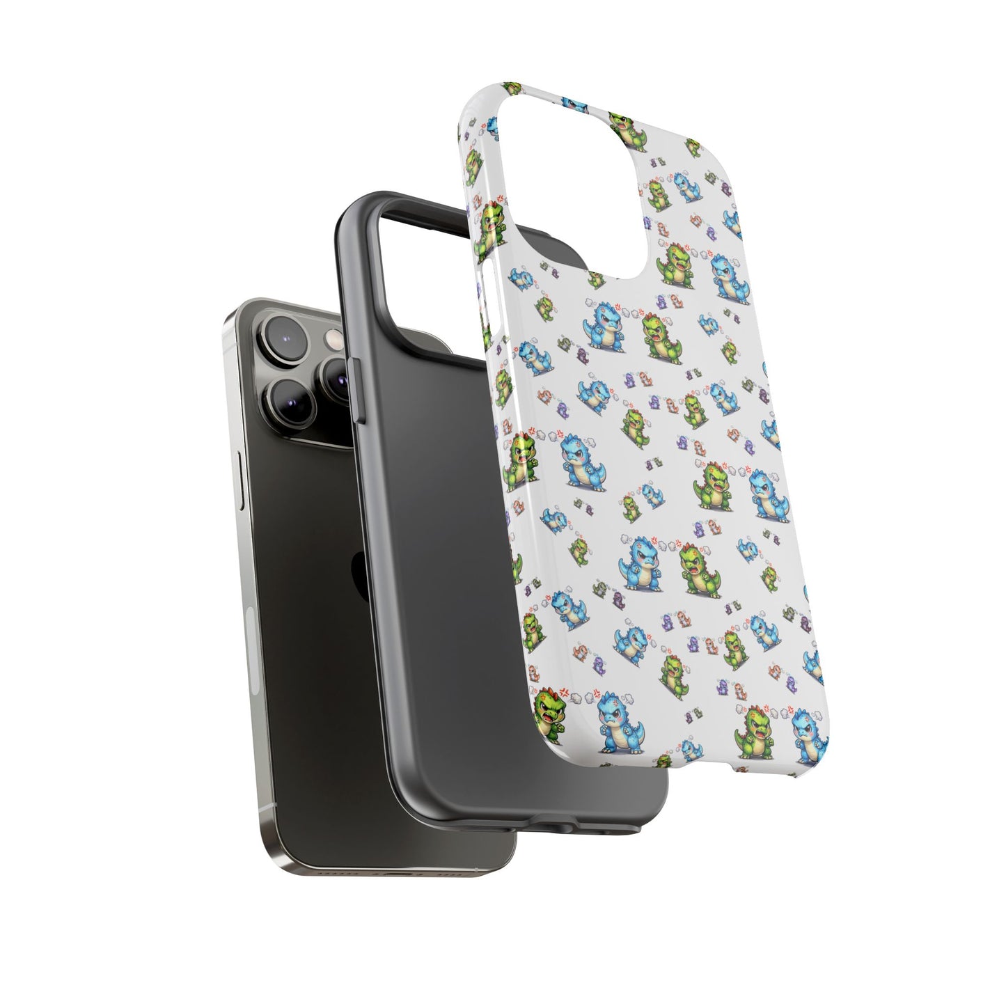 Cute Dino Pattern Phone Case — Cartoon Green & Blue Dino Tough Case, Protective iPhone Cover