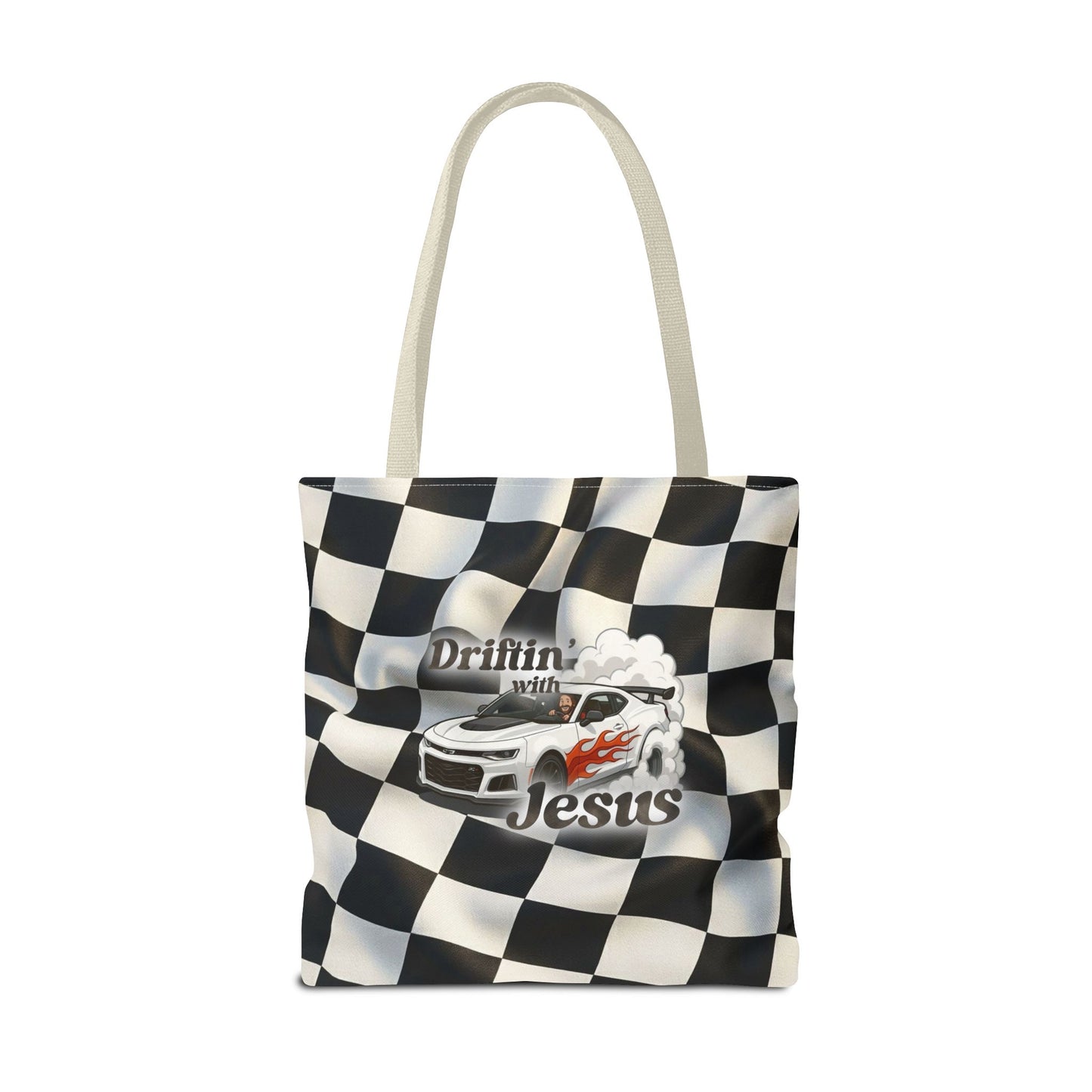 Driftin' with Jesus Racing Tote Bag - Checkered Flag Christian Car Gift