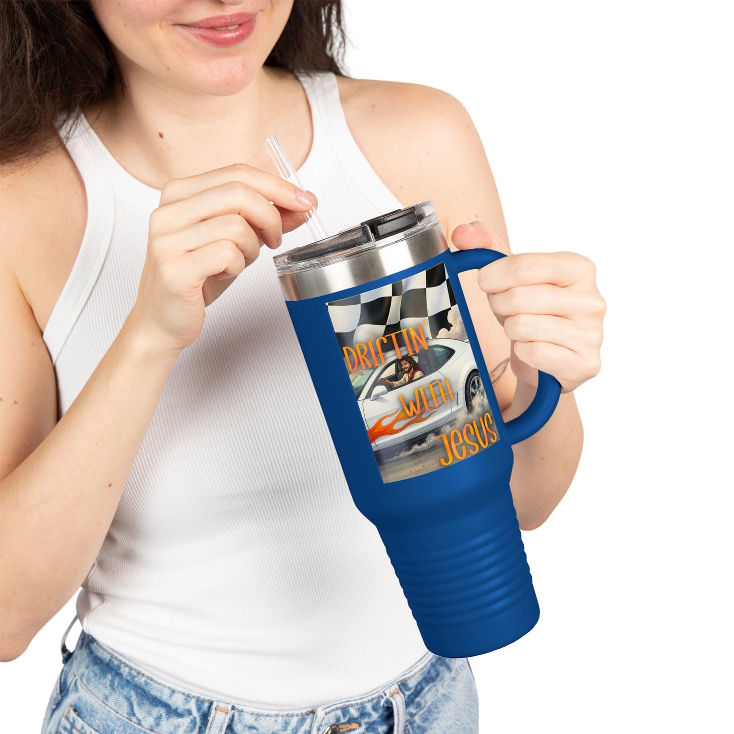 40oz Insulated Travel Mug — Vintage Race Car on Checkered Flag