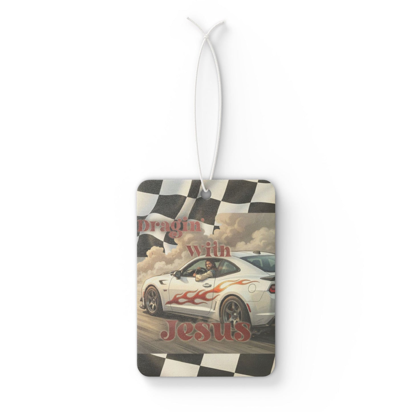 Car Air Freshener — Racing Car with Flames & 'Dragin with Jesus' Inspirational Design