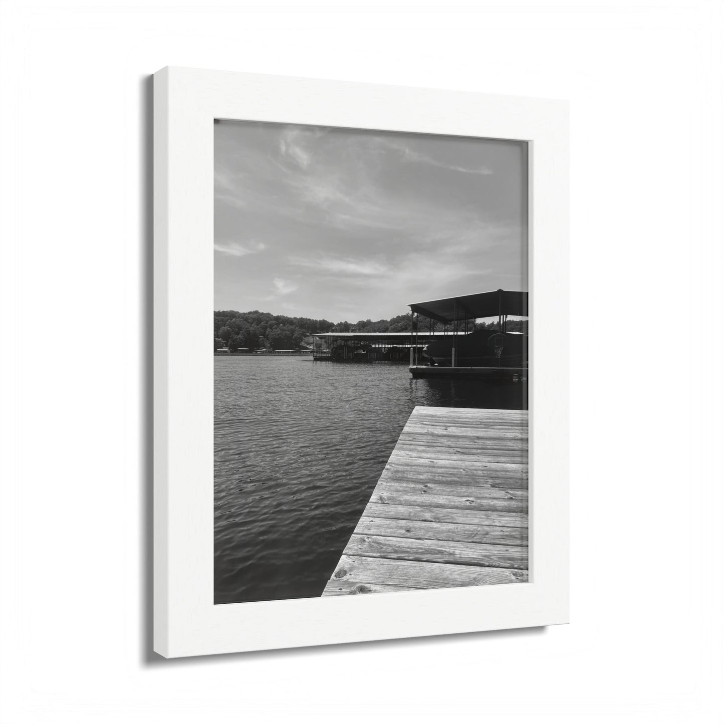 Lake Dock Framed Poster — Black & White Waterfront Wall Art