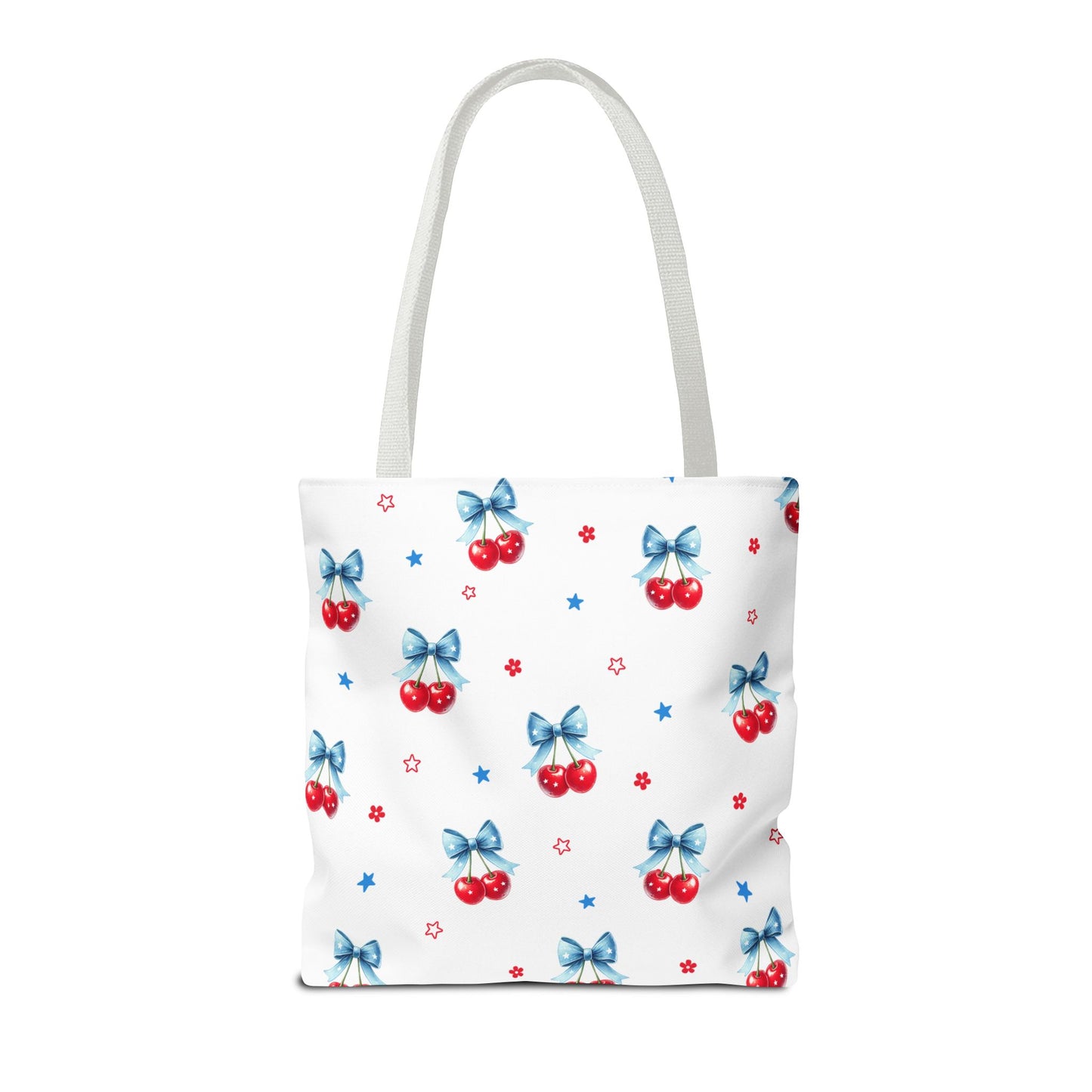 Cherry Bow Tote Bag — Cute Red Cherries with Blue Bows Patterned Shopper