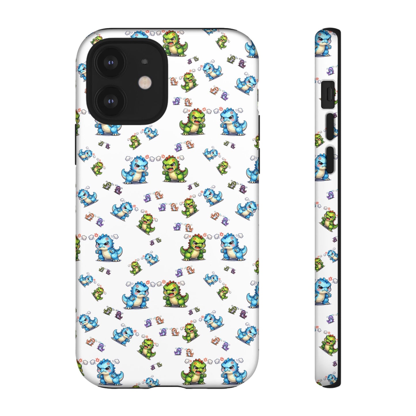 Cute Dino Pattern Phone Case — Cartoon Green & Blue Dino Tough Case, Protective iPhone Cover