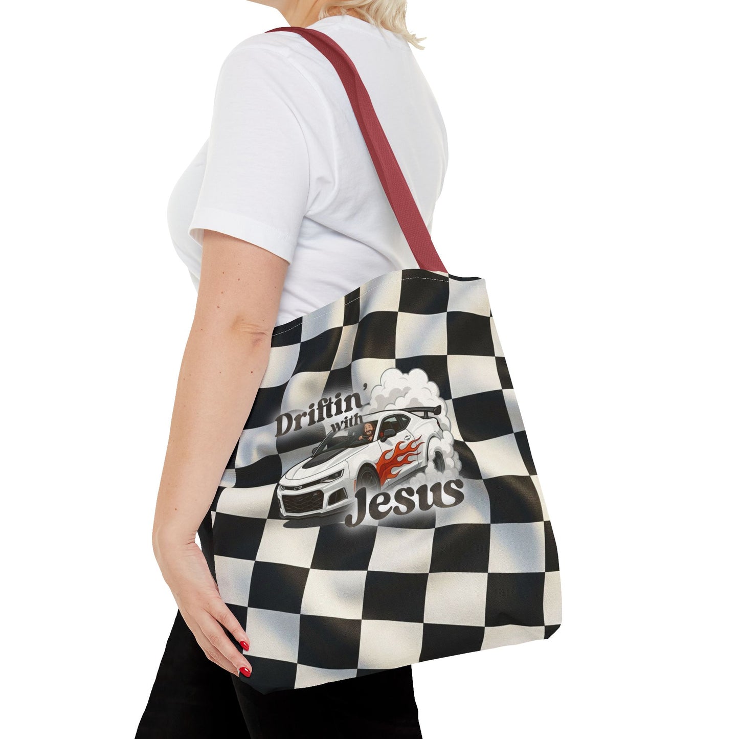 Driftin' with Jesus Racing Tote Bag - Checkered Flag Christian Car Gift