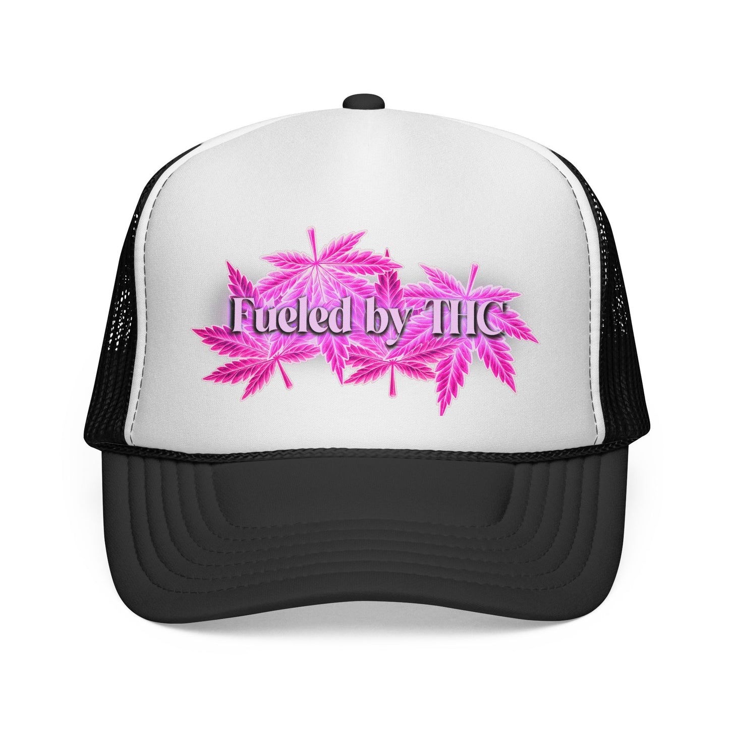 Trucker Cap — 'Fueled by THC' Pink Cannabis Leaf Mesh Hat