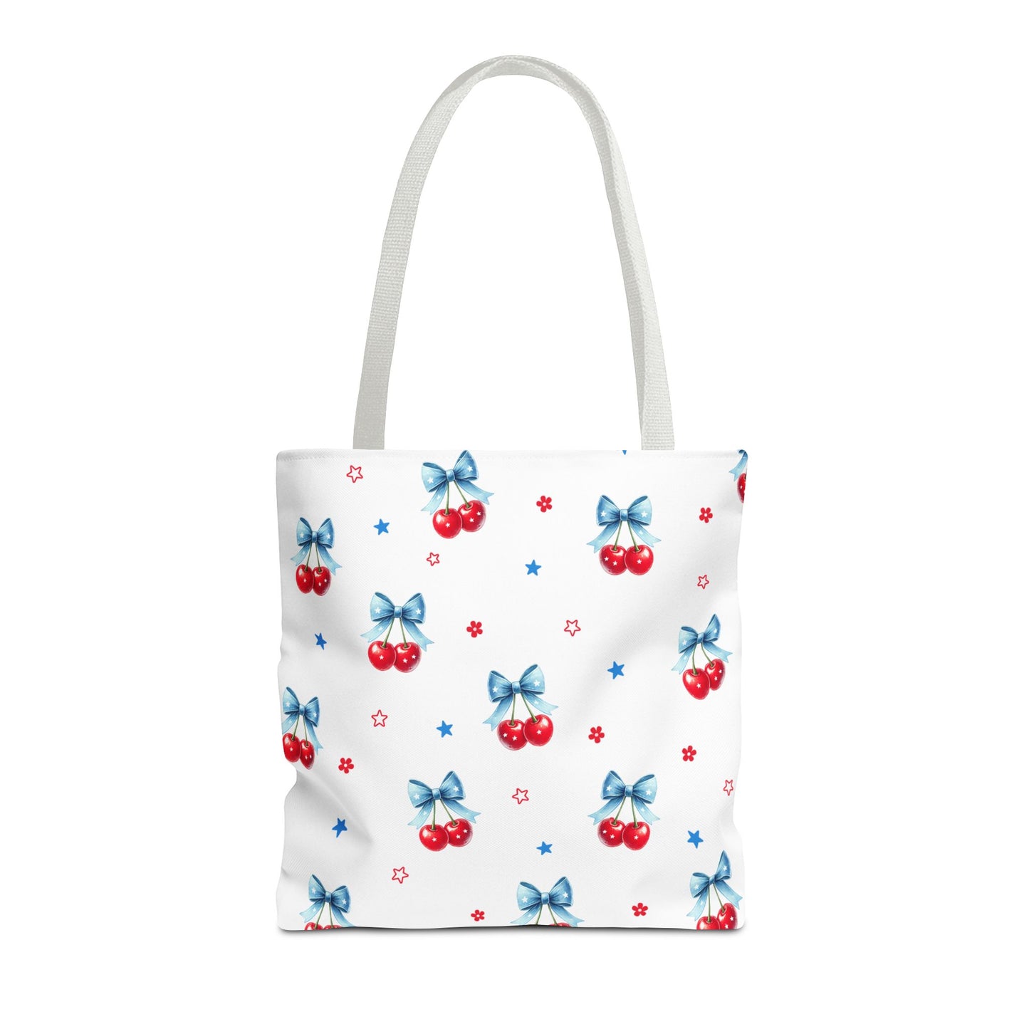 Cherry Bow Tote Bag — Cute Red Cherries with Blue Bows Patterned Shopper