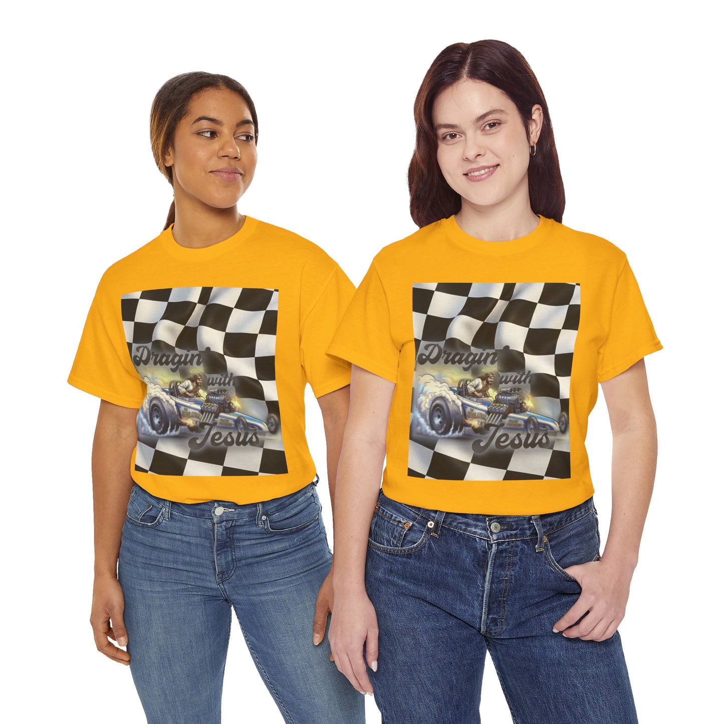 Racing Faith Tee – "Draggin' for Jesus" Checkered Flag Racing T-Shirt