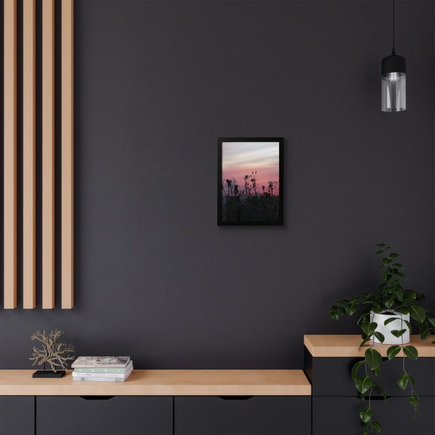 Sunset Meadow Framed Poster — Pink Sky Wildflower Wall Art