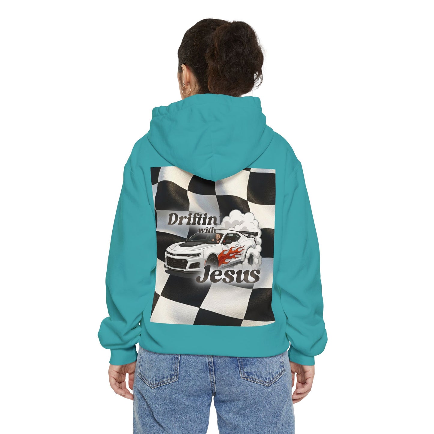 Classic Car Hoodie — Small Chest Graphic “drifting with jesus" Pullover