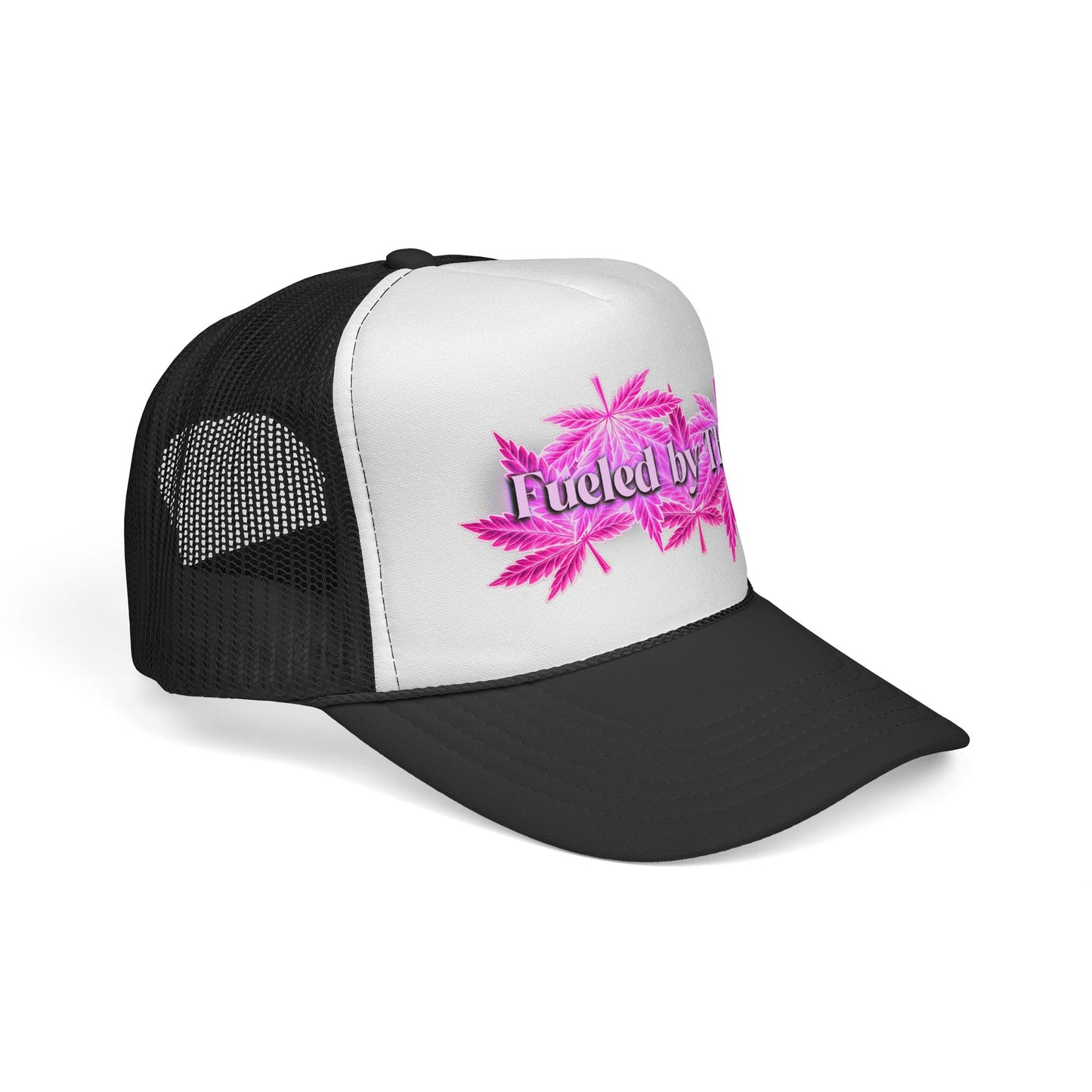 Trucker Cap — 'Fueled by THC' Pink Cannabis Leaf Mesh Hat