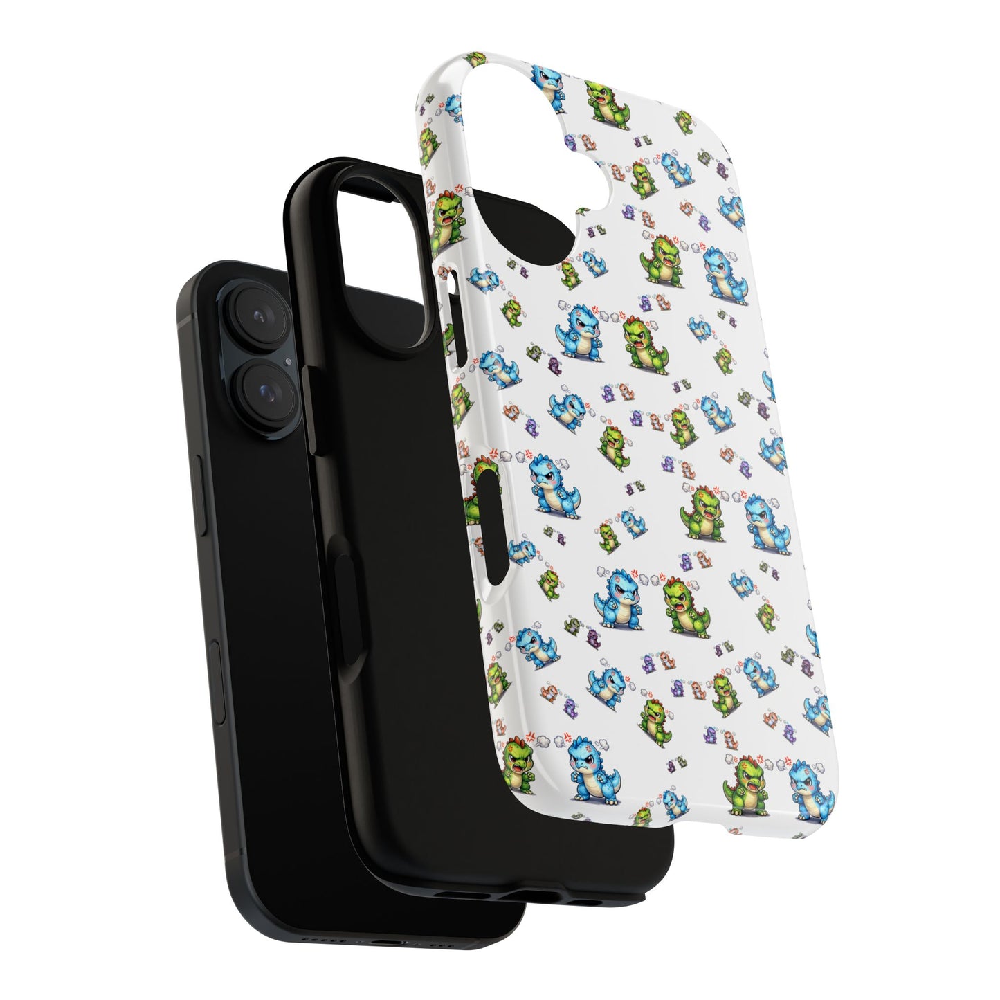 Cute Dino Pattern Phone Case — Cartoon Green & Blue Dino Tough Case, Protective iPhone Cover
