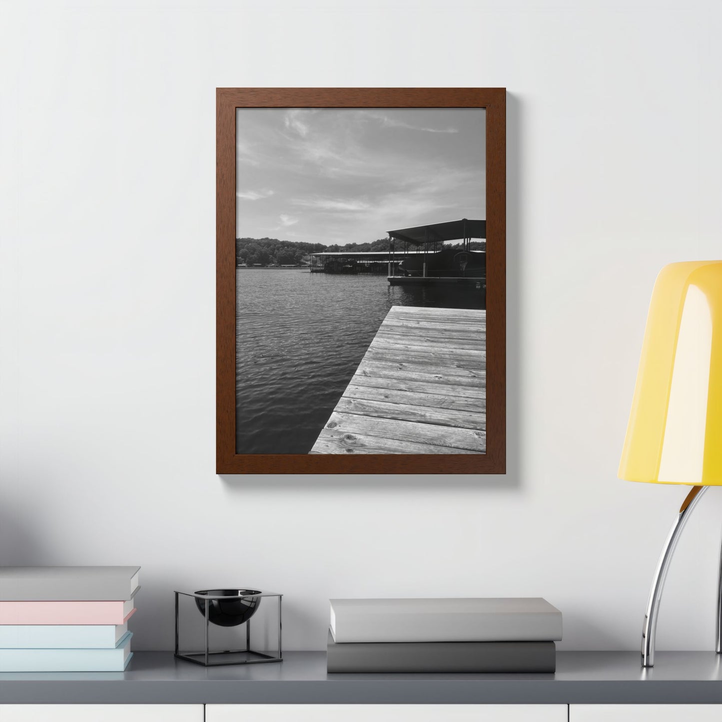 Lake Dock Framed Poster — Black & White Waterfront Wall Art