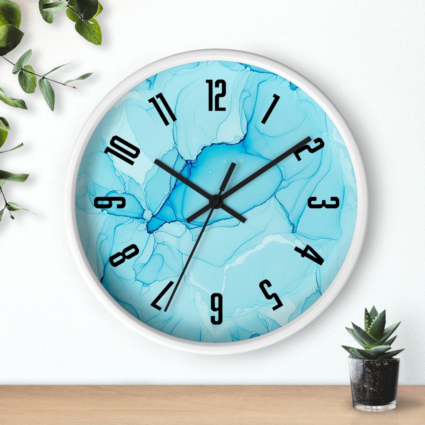 Blue Marble Wall Clock — Abstract Aqua Alcohol Ink Home Decor Clock