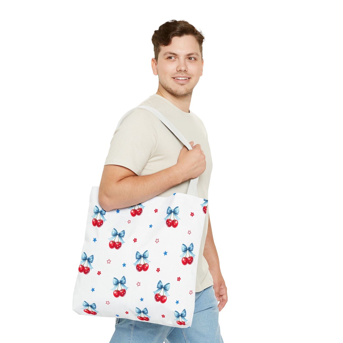Cherry Bow Tote Bag — Cute Red Cherries with Blue Bows Patterned Shopper