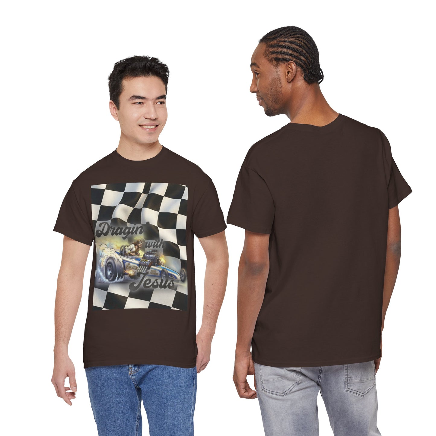 Racing Faith Tee – "Draggin' for Jesus" Checkered Flag Racing T-Shirt