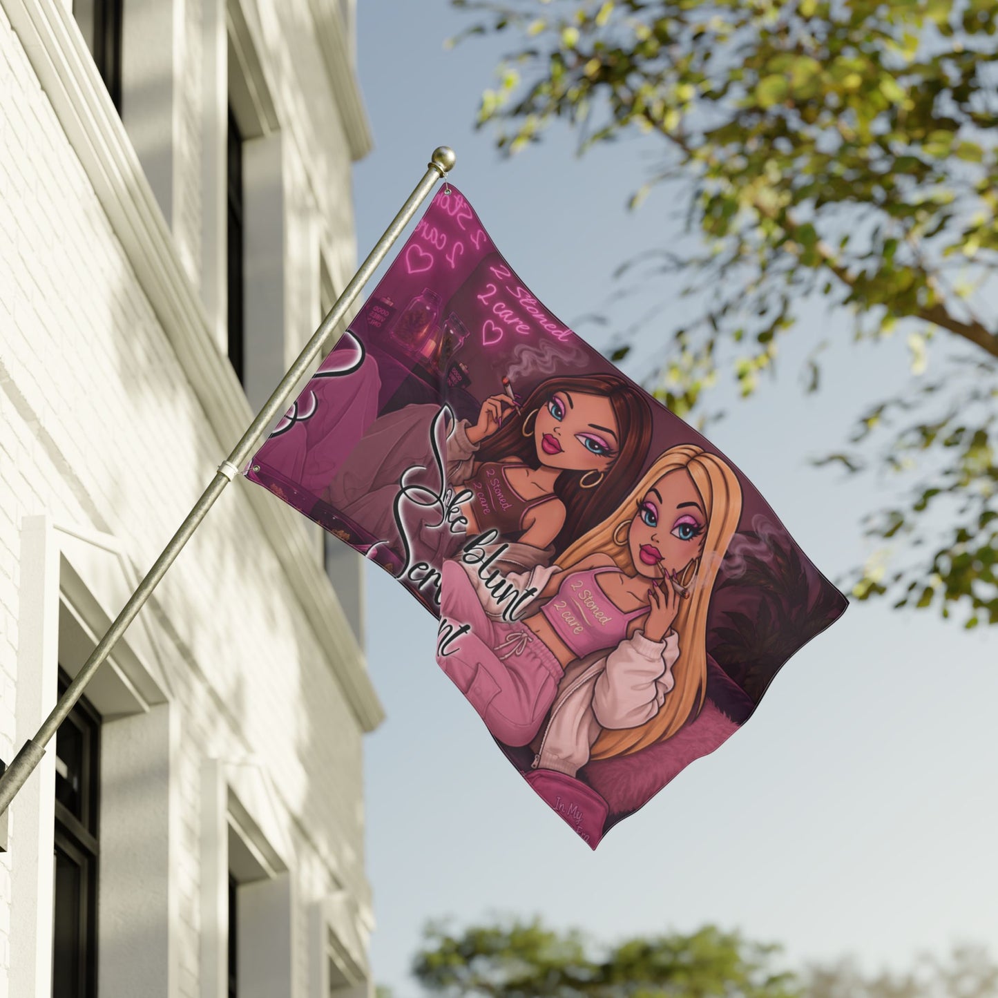 Double-Sided Flag - 'Smoke blunt Serve cunt' Pink Stoner Girl Decorative Garden Banner
