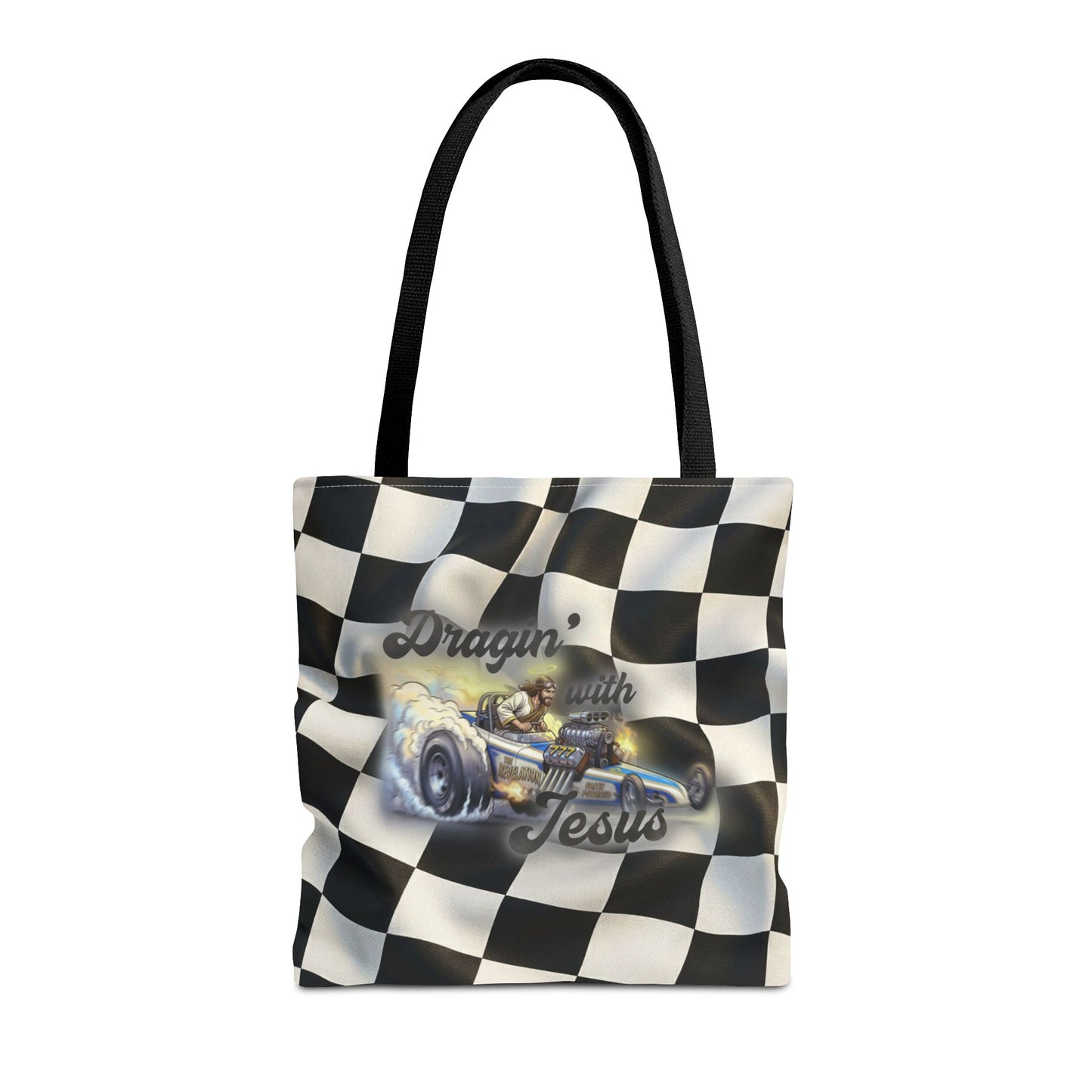 Dragin' Jesus Racing Tote Bag — Checkered Flag Vintage Hot Rod Tote