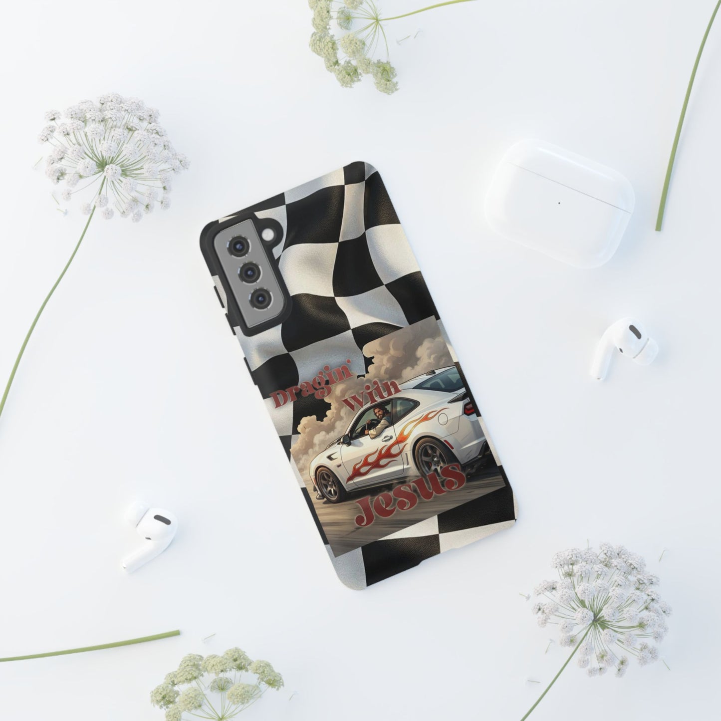 Phone Case — "Dragin' With Jesus" Racing Checkered flag - Samsung / Google phones