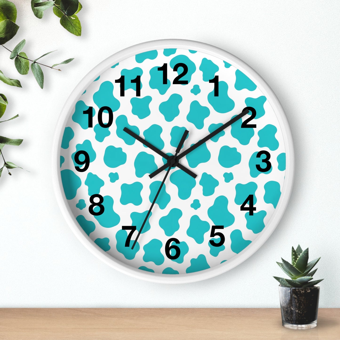Teal cow Print Wall Clock — Modern Animal-Print Timepiece for Home Decor