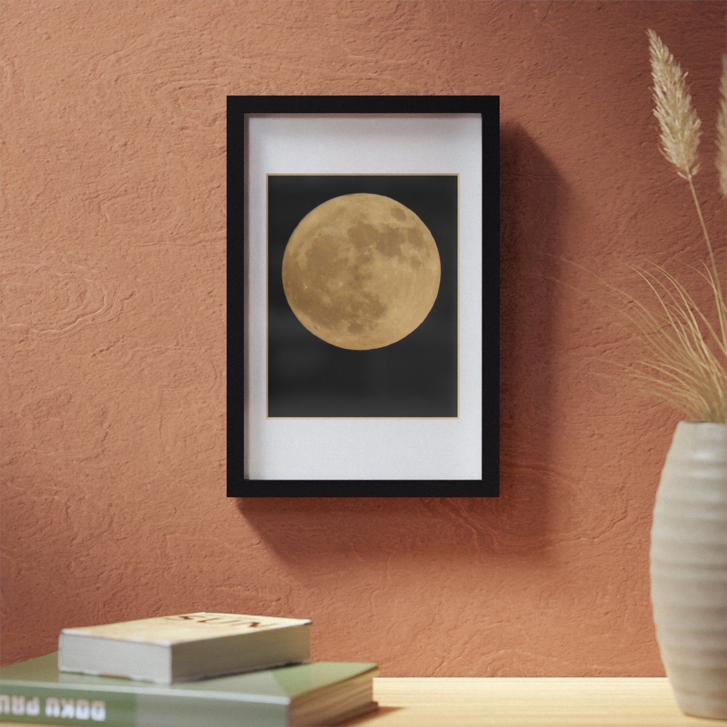 Moon Print Framed Poster — Gold Lunar Art in Black Frame