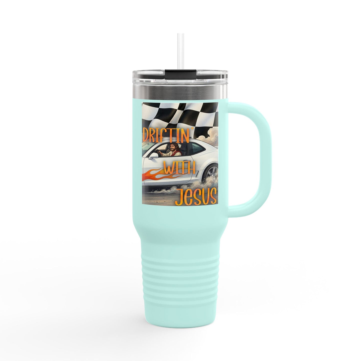40oz Insulated Travel Mug — Vintage Race Car on Checkered Flag