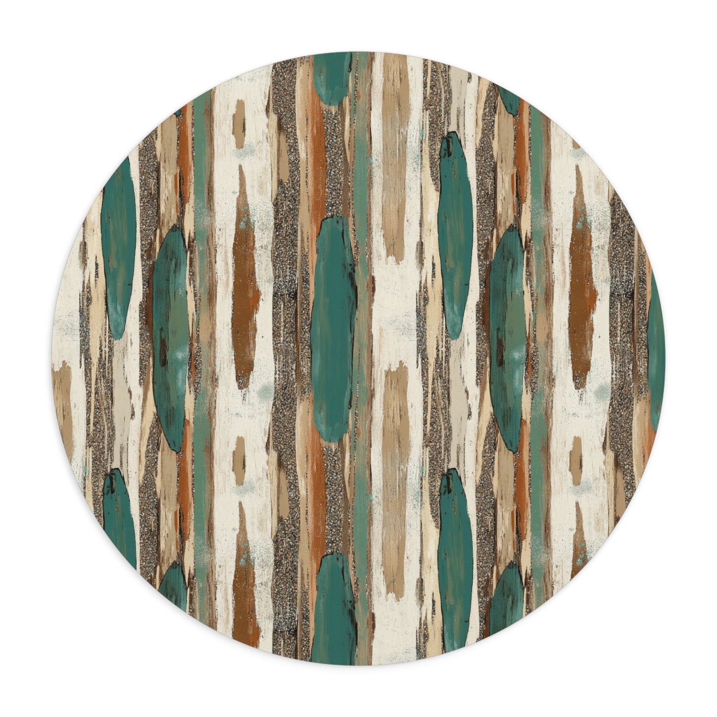 Abstract Teal & Woodgrain Round Mouse Pad — Rustic Boho Desk Mat